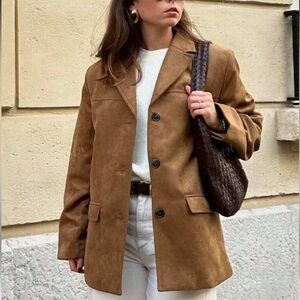 Faux suede fully lined camel color jacket blazer coat, collared button front